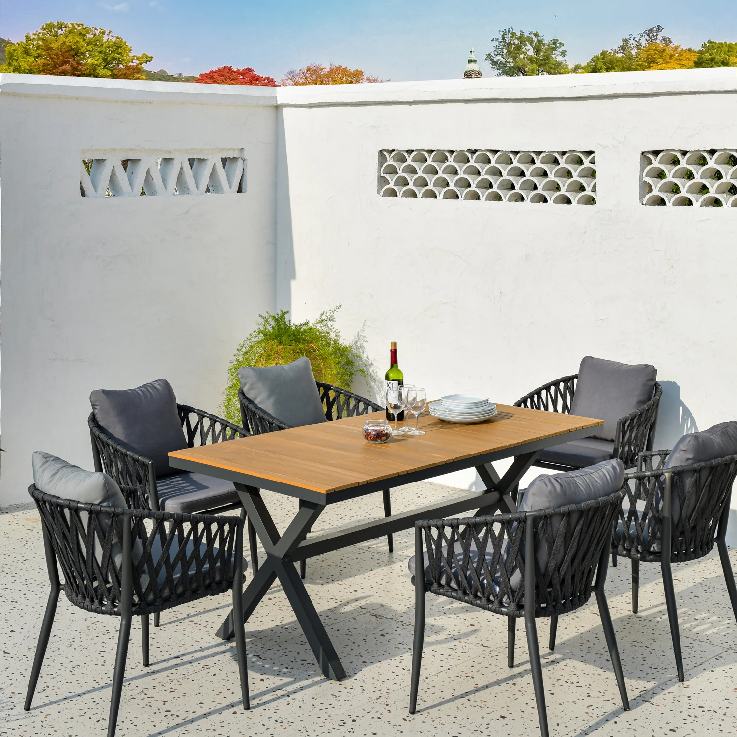 L160 outdoor furniture aluminum frame and plastic wood table top patio garden furniture 4 seaters rope chairs waterproof