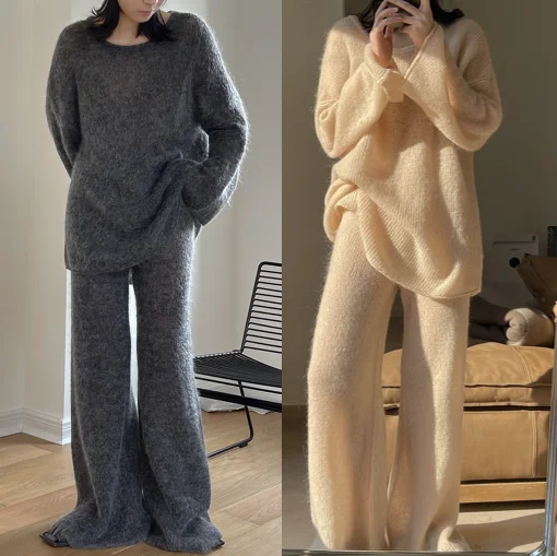 Customized autumn new Korean loose translucent mohair knit casual two-piece loose wide-leg high-waist womens sweater sets