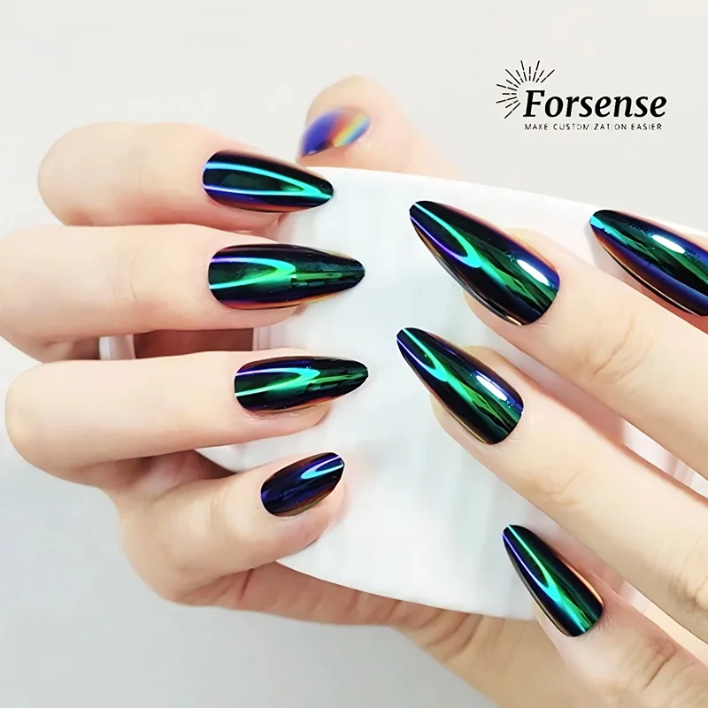 custom long lasting short almond fake nails with glue metallic blue wear nails good quality chrome press-on-nails beauty fashion