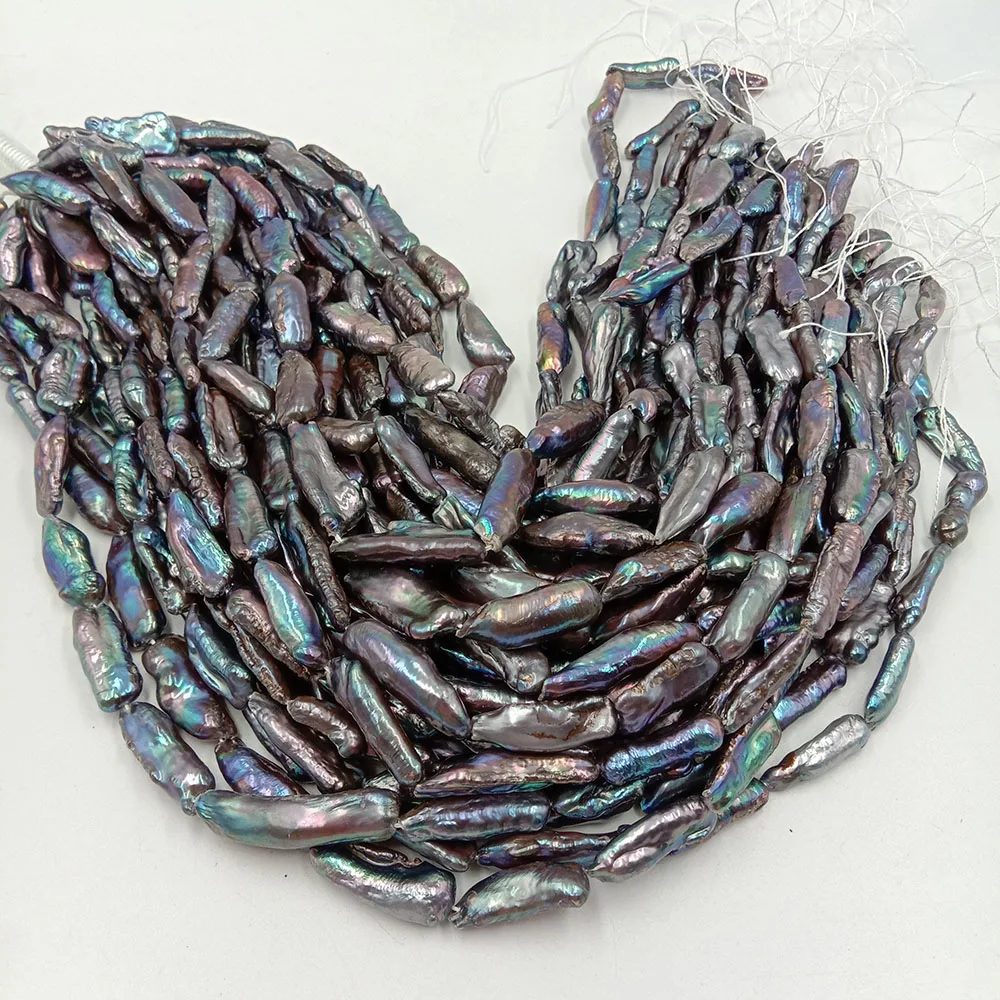 38 cm BIWA freshwater pearl  in strand , wholesale DIY JEWELRY BEADS, diameter  length 20-32 mm, noodle shape ,black color