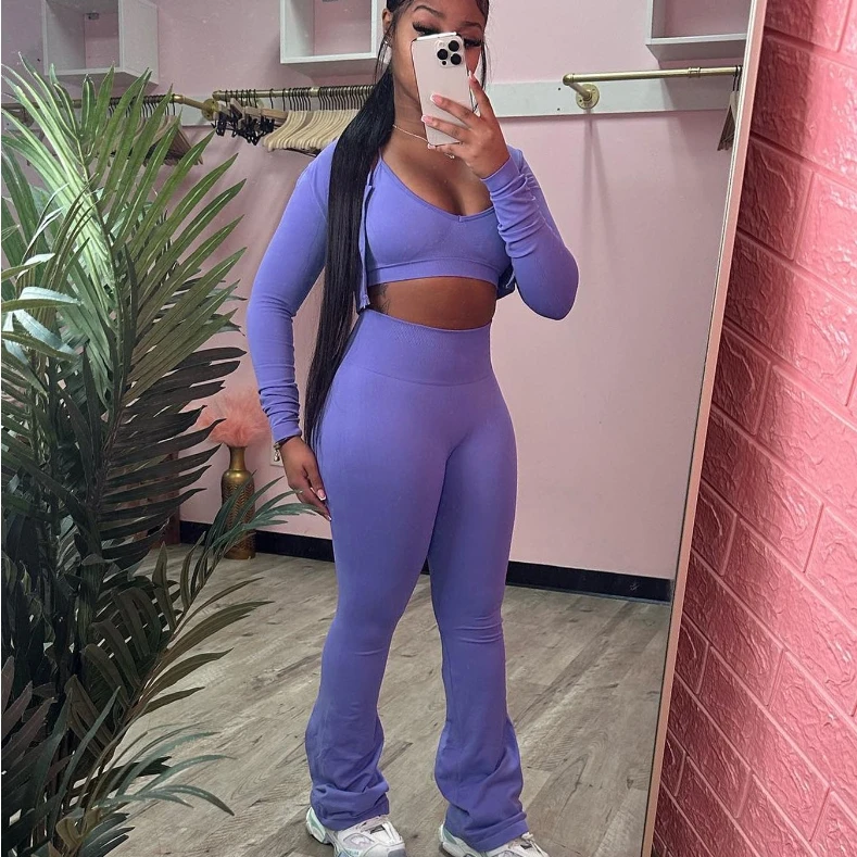 X15659C модные однотонные спортивные расклешенные брюки женский жилет + укороченная куртка с длинным рукавом + узкие брюки комплект из 3 предметов женские наряды