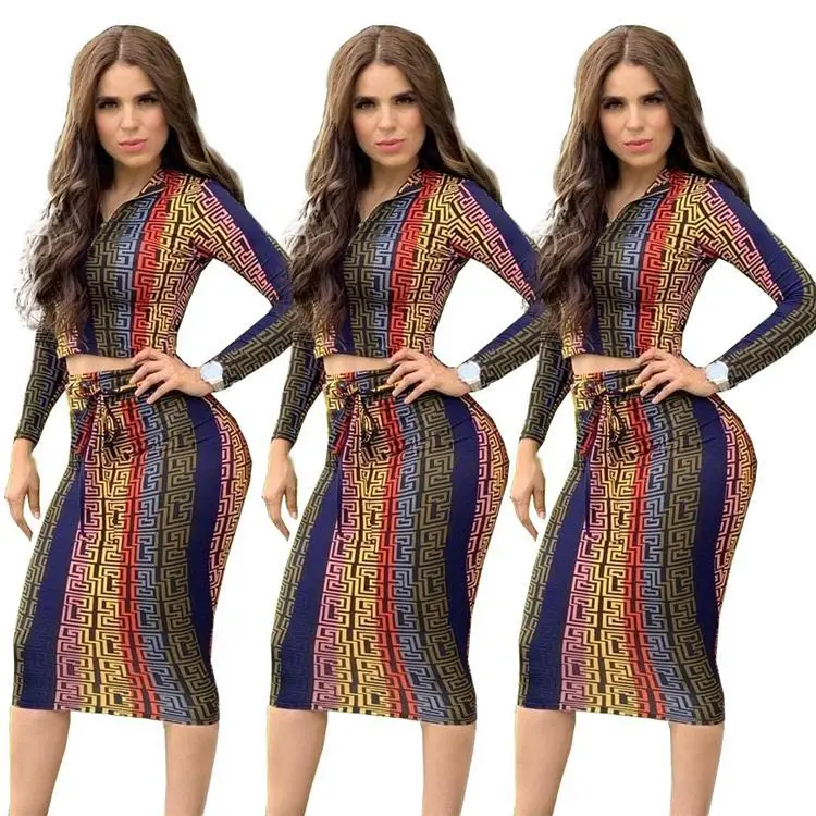 
10433SS New Colorful Printed Crop Top Casual Skirt Women Two Piece Set 2020 Outfits Clothing 