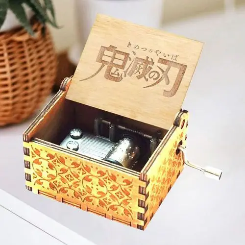 31 designs hot sale Gift Melody Hand Crank Laser Engraved Anime Demon Slayer Hand Crank Wooden Music box