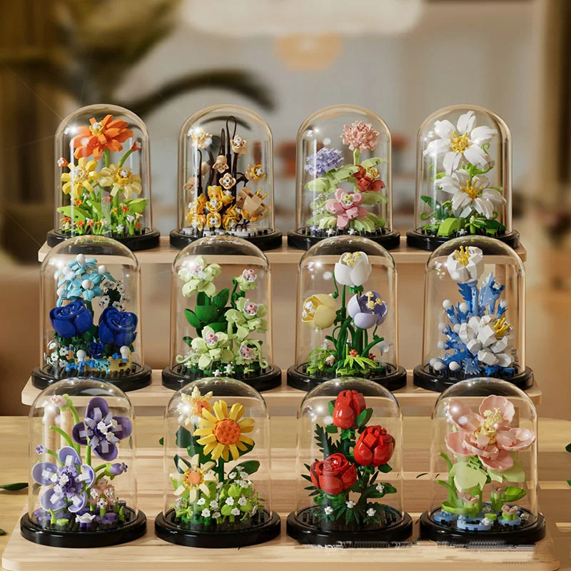 Intelligent eternal flower decor diy assemble plant flower bricks toy gift rose music box building block set