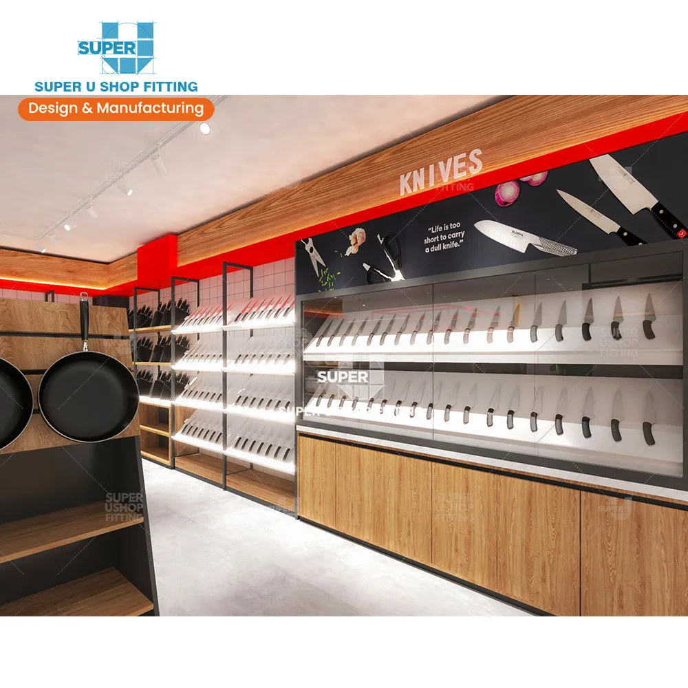 Custom Cookware Showroom Store Decoration Kitchen Utensils Shop Display Rack Wooden Kitchenware Knives Wall Display Design