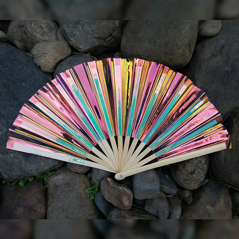 Hot selling custom logo 13 inch rainbow film wooden fan PVC big fan outdoor laser film magic color plastic film waterproof