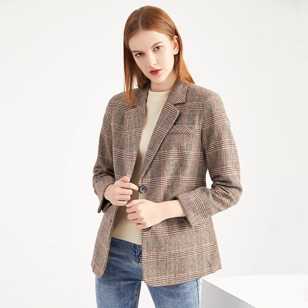 
S-2XL Formal Houndstooth Plaid Long Sleeve Women Blazer &Coat Bussiness Suit Jackets 