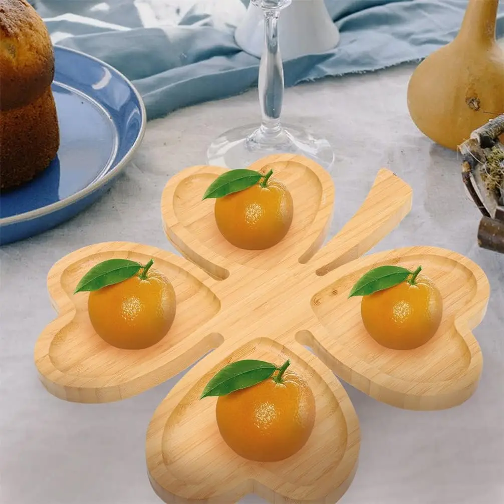 Multi Use Flower Shape Bamboo Plate, Wooden Snack Tray With Dividers parts bread tray kid school lunch tray