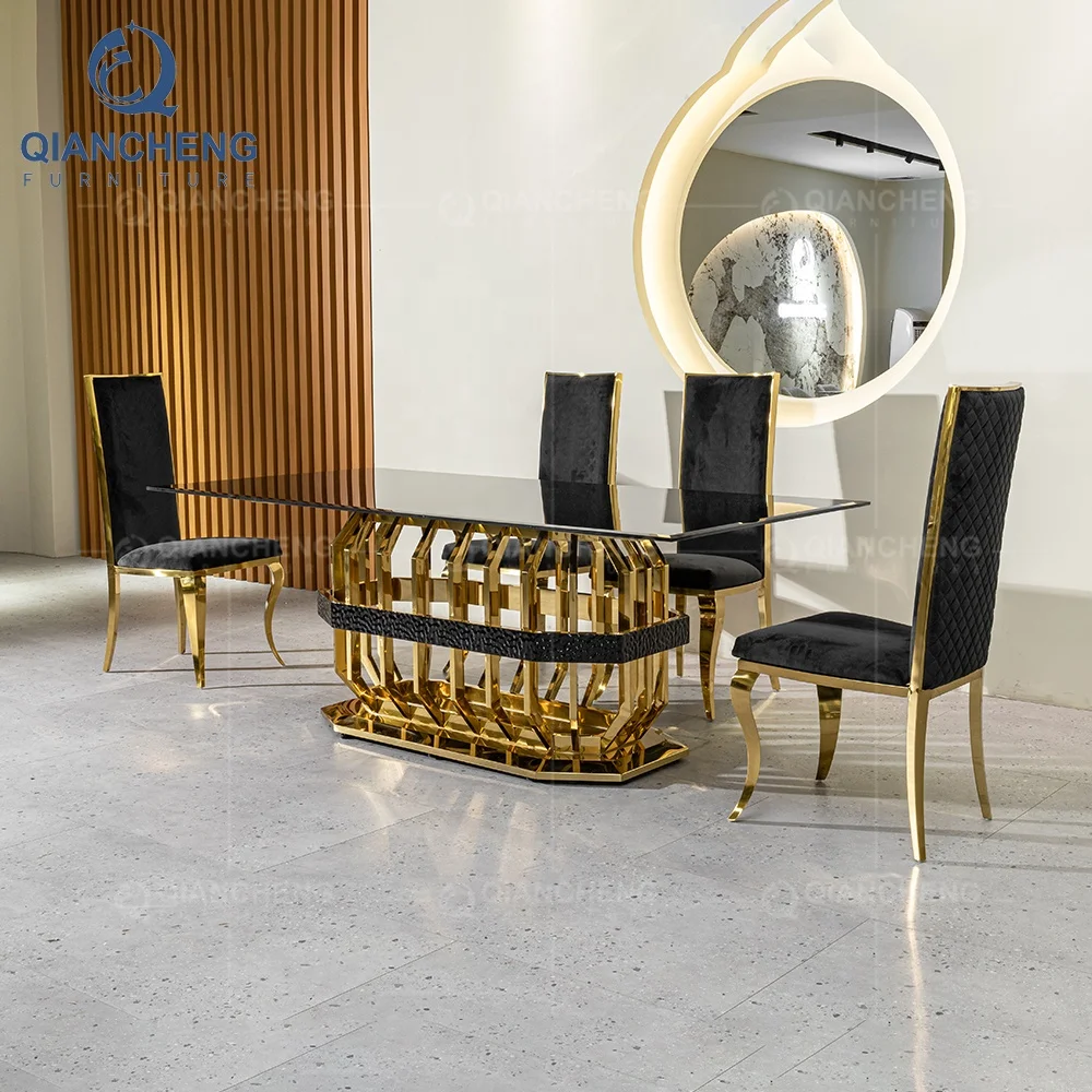 new designs steel furniture kitchen dinning table set golden mirror rectangle black glass tables and chairs
