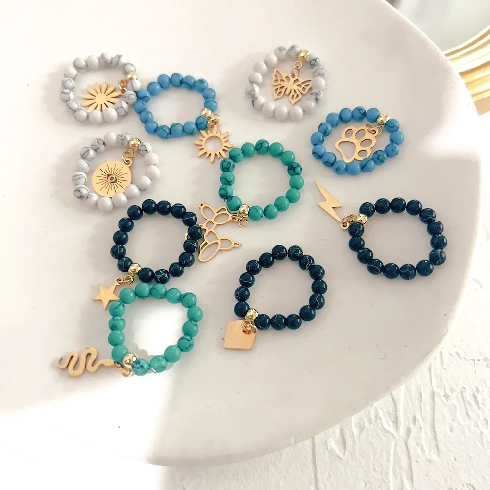 Bohemia Multi Color Turquoise Beaded Elastic Rings 18K Gold Stainless Steel Flower Animal Sun Lightning Pendant Finger Rings