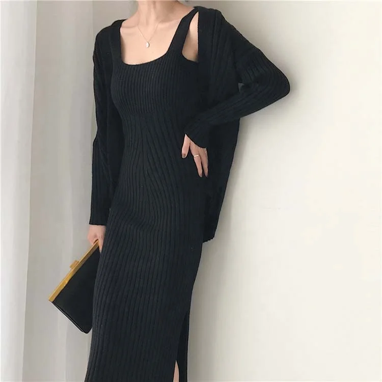 Spring Knitted Cardigans Spaghetti Strap Sweater Dress For Women 2 Piece Set Clothing