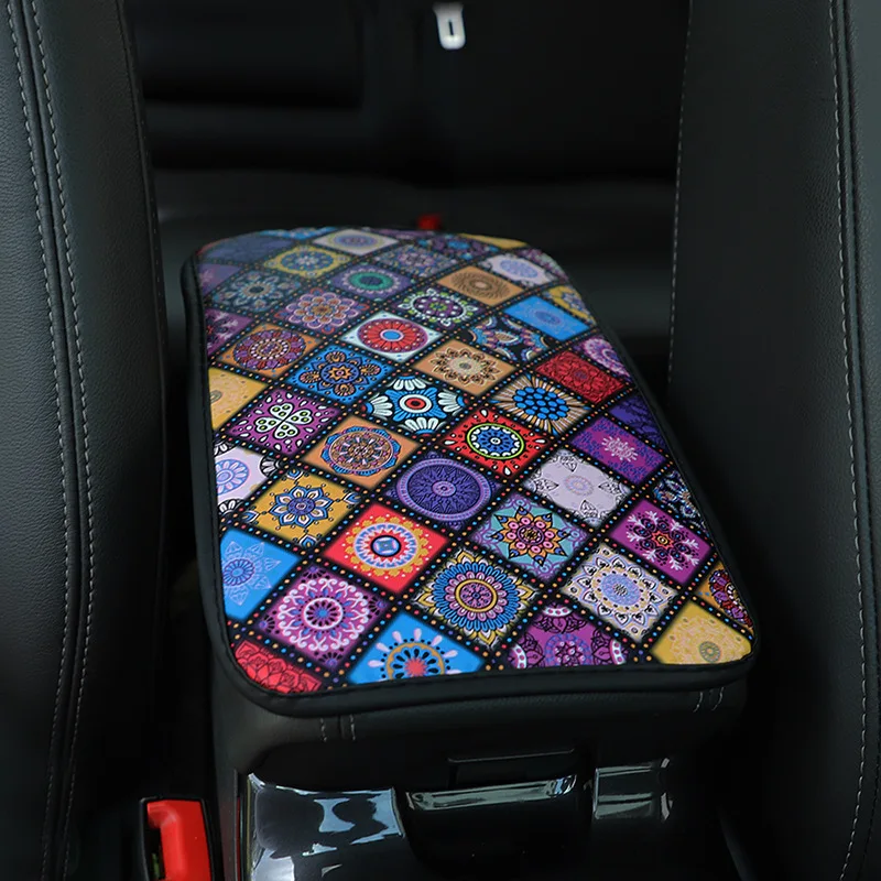 Car Armrest Cover Mat Universal Leather Ethnic Style Print Waterproof Non-slip Storage Box Pad Auto Styling Interior Accessories