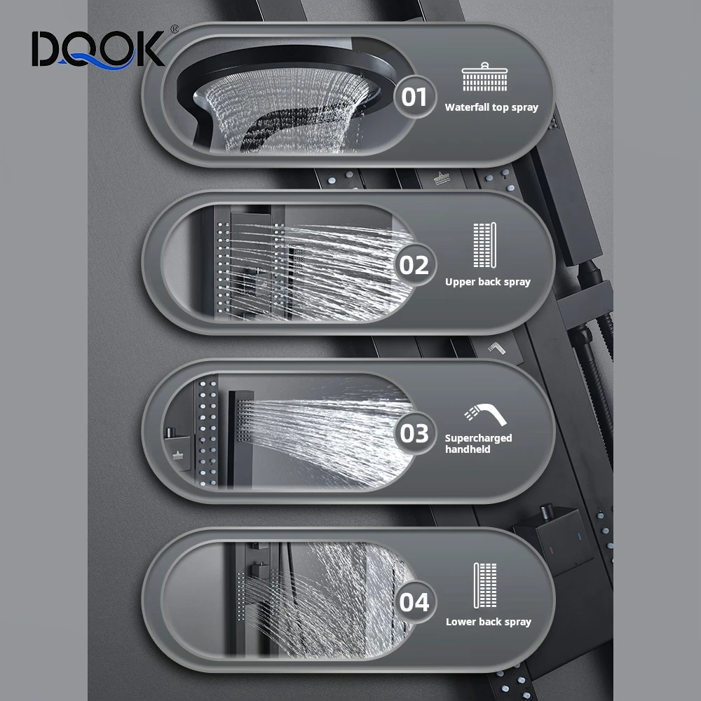 DQOK Hot Sale Black Multifunction Rainfalll Piano Key Hot And Cold Sprinkler Massage Shower Sets System Panel