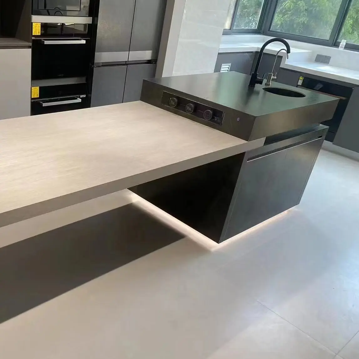 High end rock slab island dining table integrated household retractable open kitchen bar with island dining table