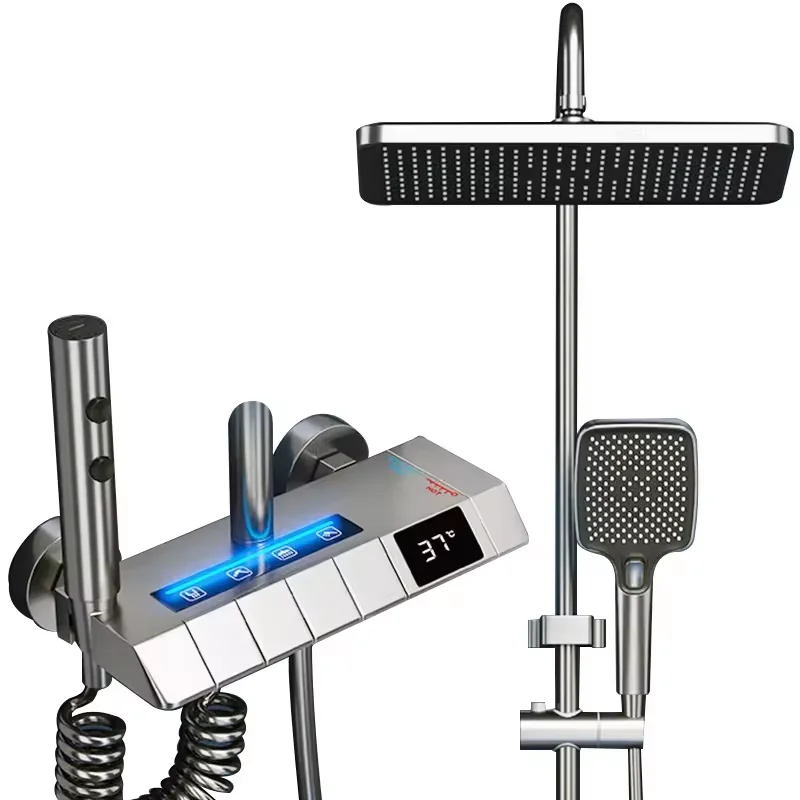 LZ-Hwa.Con Grey Rainfall Shower System Bathroom Brass LED Digital Faucet Set Bathtub 4 Way Pressurized Shower Full Set with Lamp