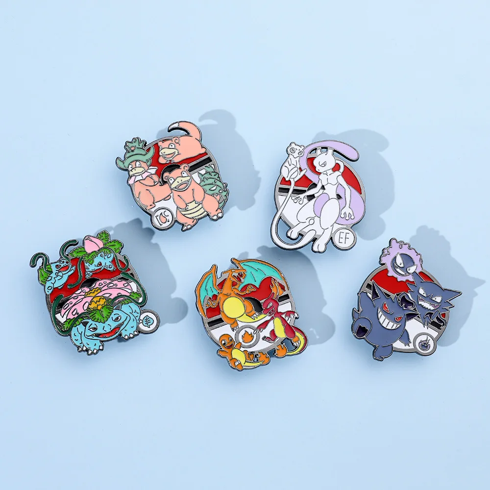 High Quality Metal Pins Cartoon Anime Cool Poke mon Pika Gengar Charmander Mewtwo Brooch Decoration Clothes Cap Badges Ornaments