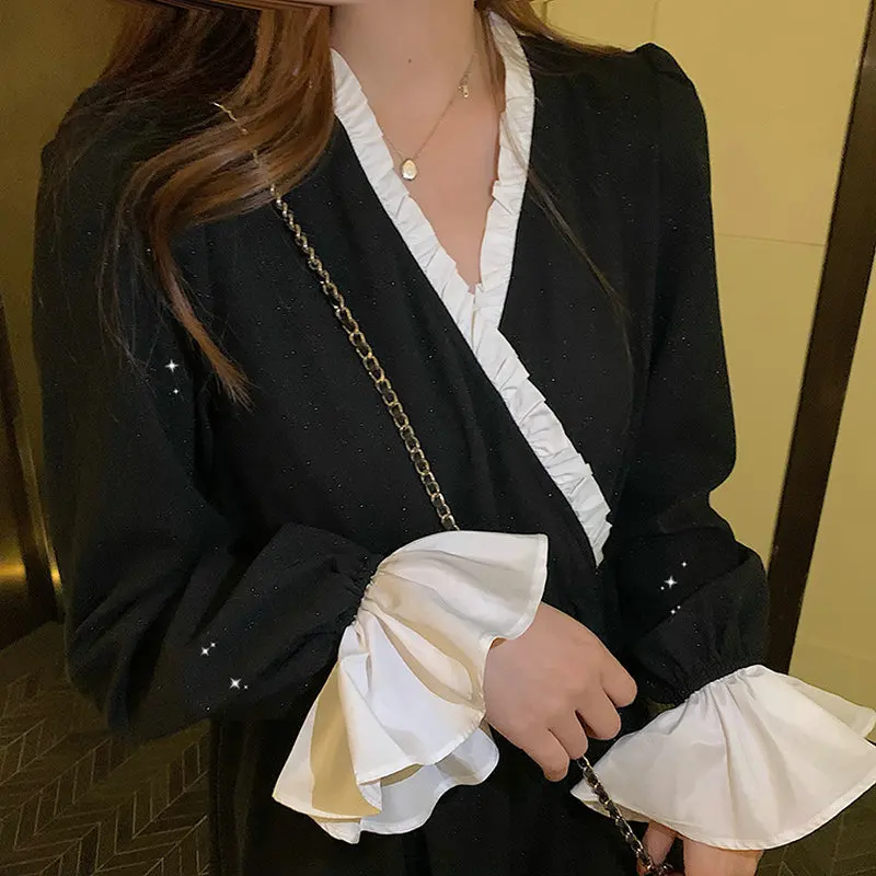 2021 Korean Style Black Autumn Women Dress Vintage Dresses Spring Long Lotus Sleeve Dress