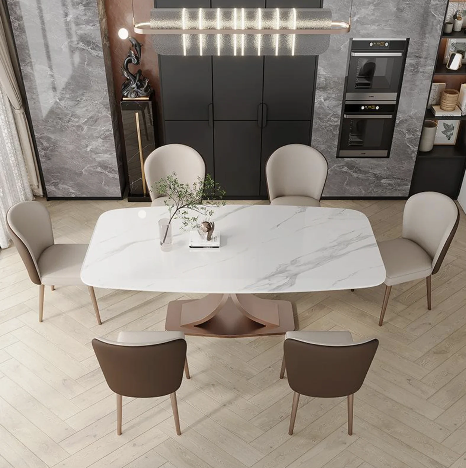 Luxury Modern 6-Seater Dining Table Set with 6 Chairs Sinered Stone 3D Model Design Full Dining Table with Big Slab Stone