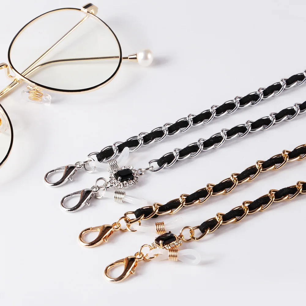 Hot Selling Fashion Anti Lost Black Leather Sunglasses And Necklace Chain