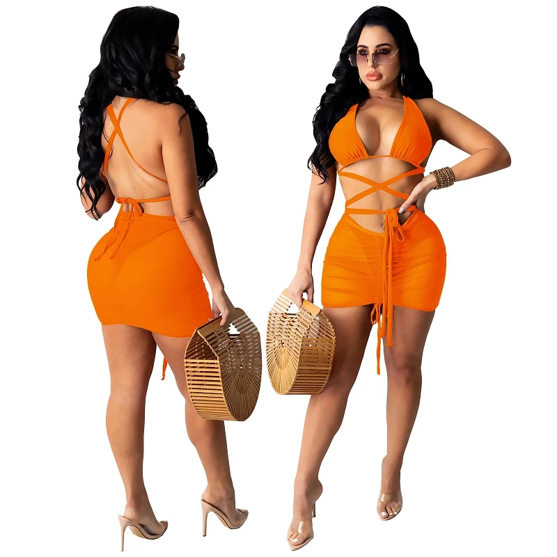 new EB-20061606    Summer mesh net sexy drawstring bandage swimsuit 3 piece bikini skirt set