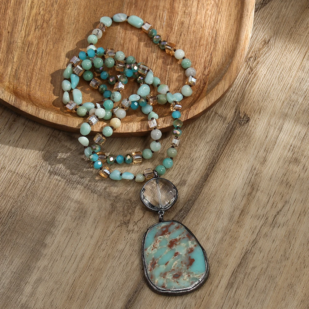 Fashion Bohemian Handmade Women Jewelry 6mm Natural Stone Crystal Glass Beads Knotted Necklace Irregular Stone Pendant Necklaces