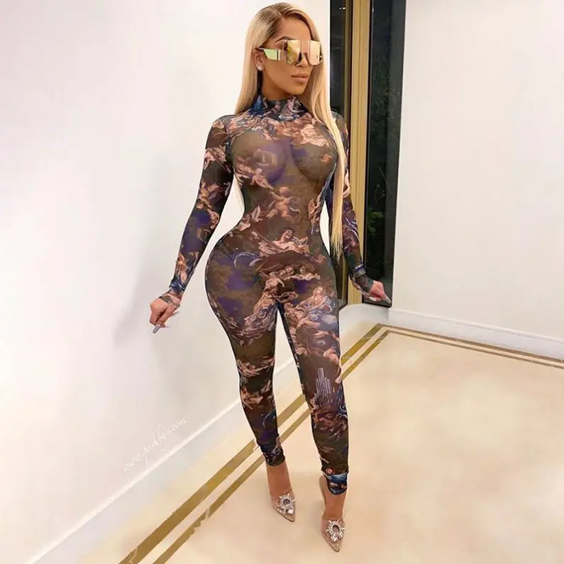 
OEM Sexy Transparent Rompers Women Jumpsuit Fashion Floral Printed Bodysuit Women Gauze Ultrathin Mesh Bodysuit 