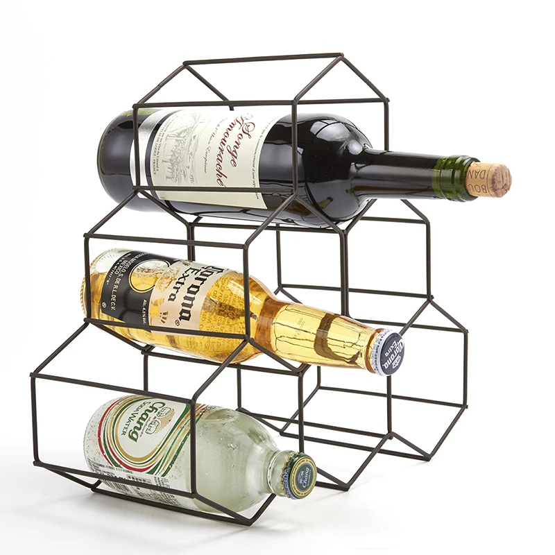 Geometric Design Freestanding Black Bottle Holder Countertop 6 Bottle Metal Wine Rack