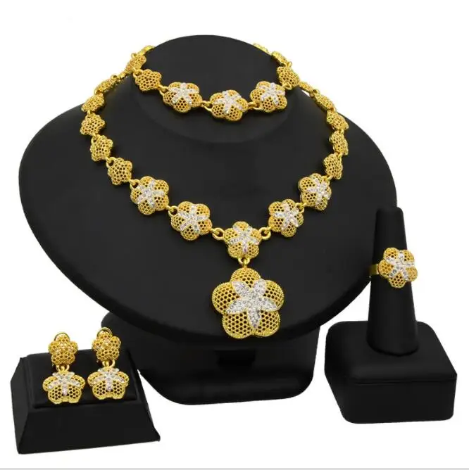 dubai jewelry sets jewellery gold plated flower ring bracelets necklace earring sets for women jewelry
