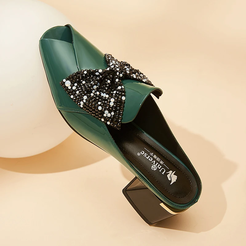 Универсальные кожаные шлепанцы м161 новейший дизайн модные зеленые блестящие с бантом-бабочкой и открытым носком