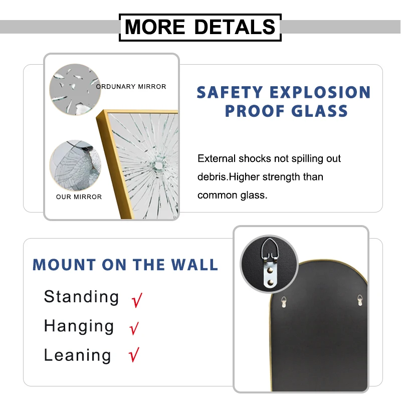 Custom Modern Aluminium Frame Whole Body Standing Dressing Long Tall Big Size Gold Arch Large Floor Full Length Mirrors