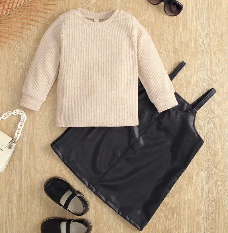 Kids Girls Sets Knitted Sweater Tops Faux Leather Overalls Dress Set Children Clothing Fall Toddler Girl Outfits