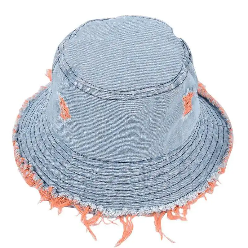 
Two Color Frayed Brim Washable Worn Out Design Cool Denim Bucket Hat for Women Men Unisex 