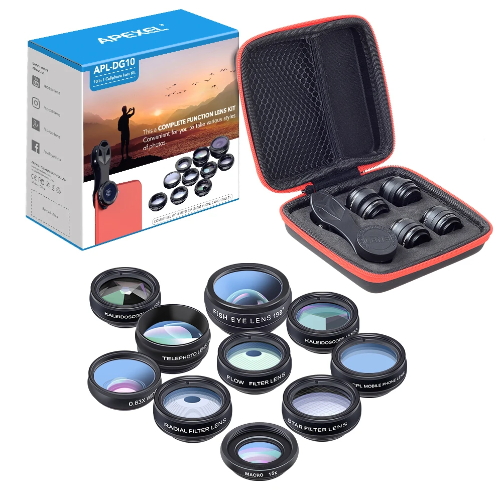 Apexel Trending Deluxe Cell Phone Lens 2x Zoom 10in1 Lens Kit Camera Lenses For Mobile Phone