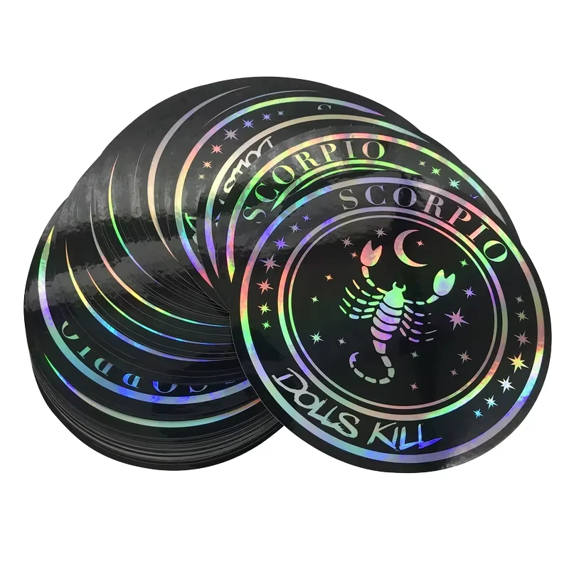 Circular Holographic Adhesive Vinyl Sticker Glossy Fashion Lens Effect PET Plastic Toy Packaging custom label with logo