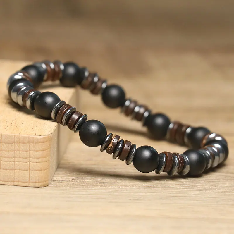 Minimalist 8mm Onyx Stone Bracelet for Men Jewelry Handmade Elastic Natural Coconut Hematite Beaded Bracelet Gift