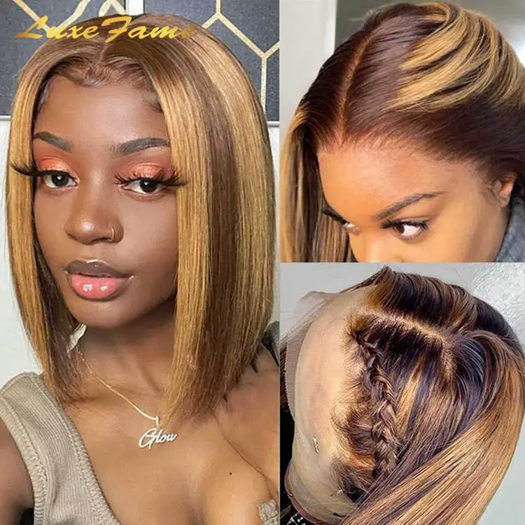Cutical Aligned 1B 27 Bob Full Lace Wig,Short Ombre Colored Full Lace Wig,Glueless #27 Honey Blonde Full Lace Human Hair Wig