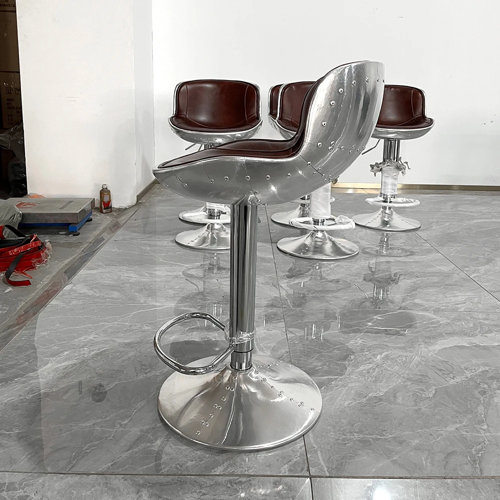 Genuine Leather Aviator Aluminum Barstools Back Leather Swivel Counter Height Chair Adjustable Vintage Bar Stools