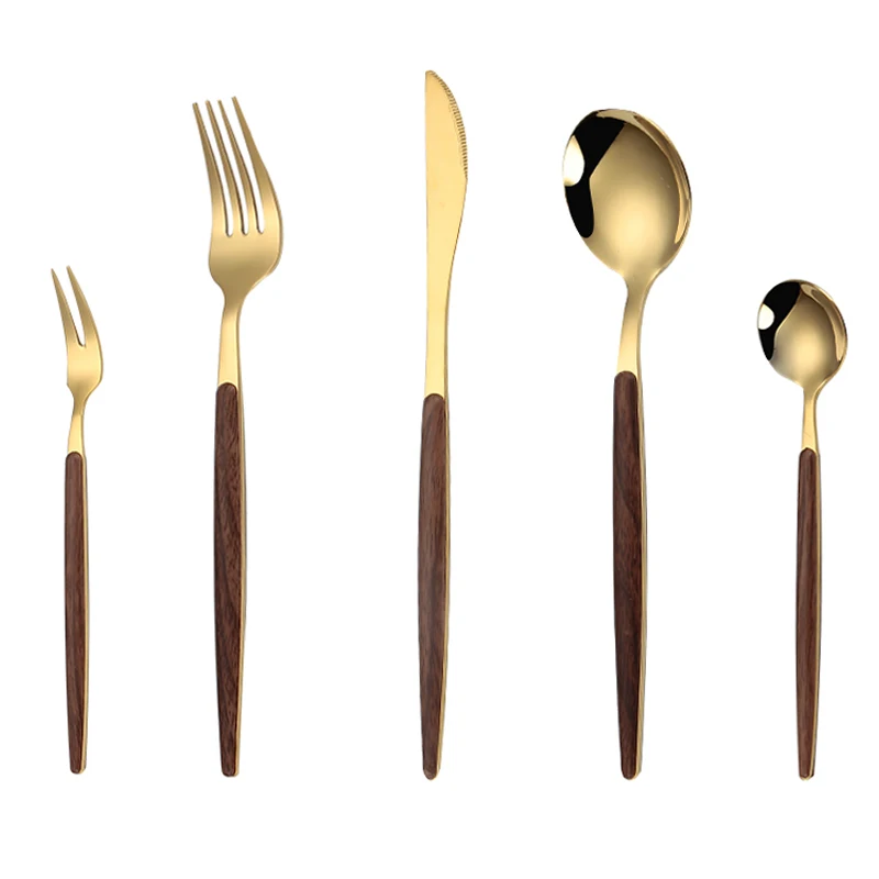 5pcs Stainless Steel Wooden Handle Cutlery Set Dinnerware Clamp Western Tableware Knife Fork Tea Spoon