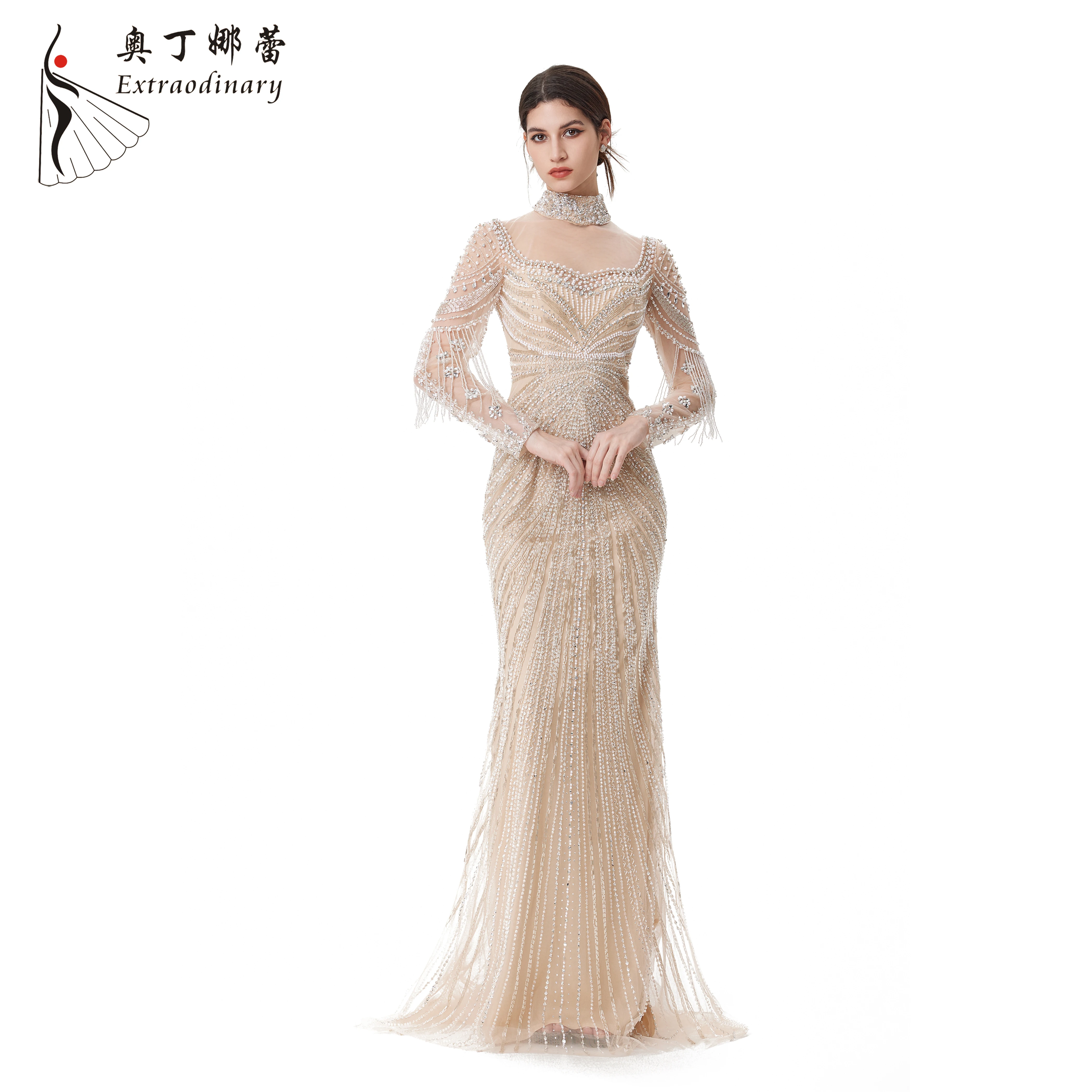 Champagne Long Sleeve Dubai Mermaid Wedding Dress Muslim Evening Dresses Luxury Tassel Beaded Party Gowns