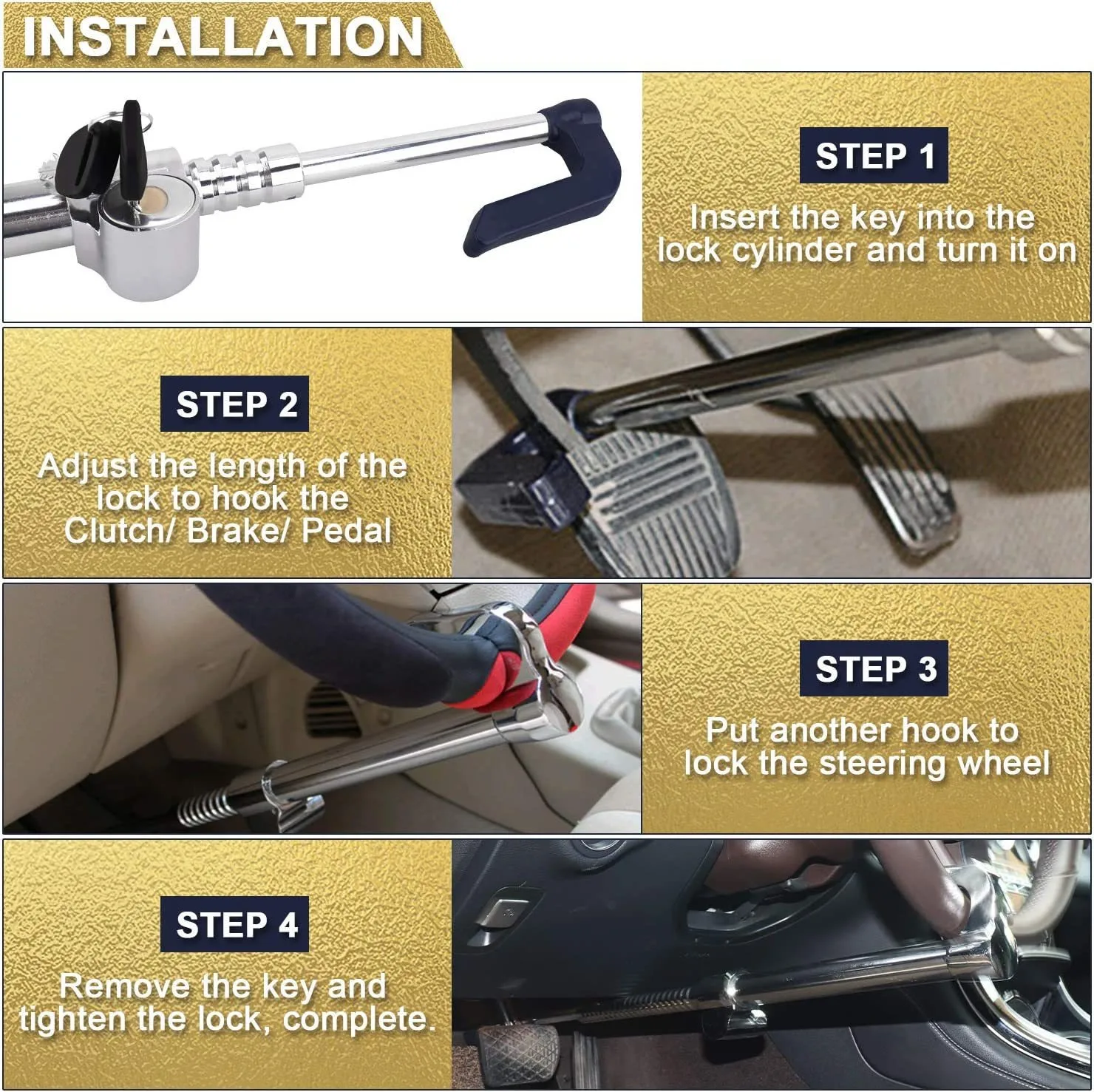 Car Anti-Theft Lock with Three-Section Hook and Steel Material 3 Keys Included for Steering Wheel Security