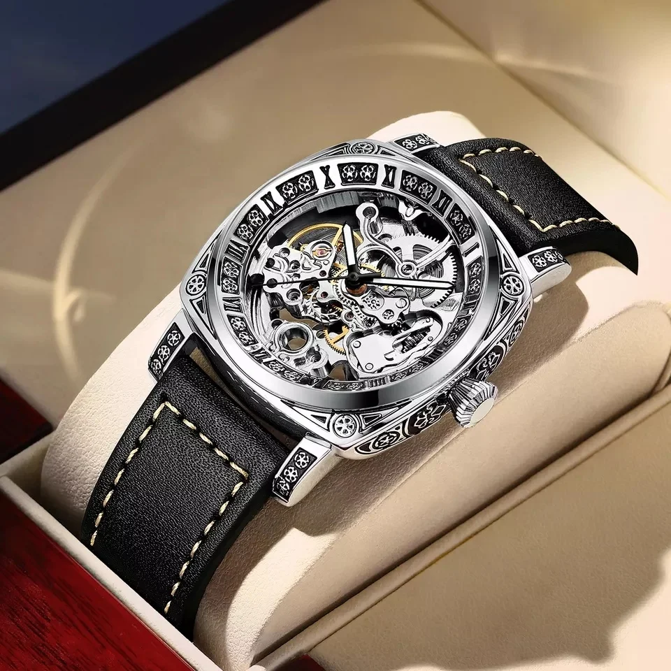 T894 automatic business high-end Luxury mechanical watch waterproof leather watch Wrist popular Hollow watch