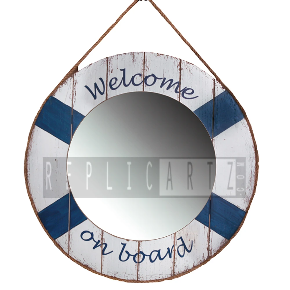 Natural Wooden Batela Lifebelt Accent Mirror, White Blue, Home Decor Mirror