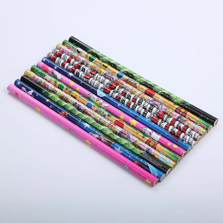 Pencil manufacturers customize color printing film thermal transfer kids HB 2B cartoon round pencil with eraser