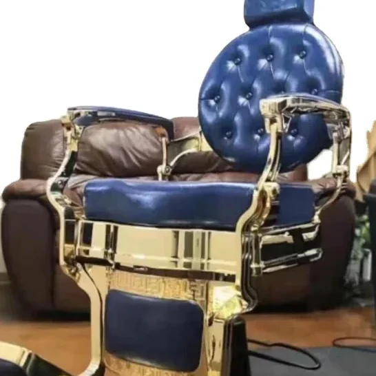 blue leather barber chair gold frame aluminum alloy barber chair for men salon and barbershop