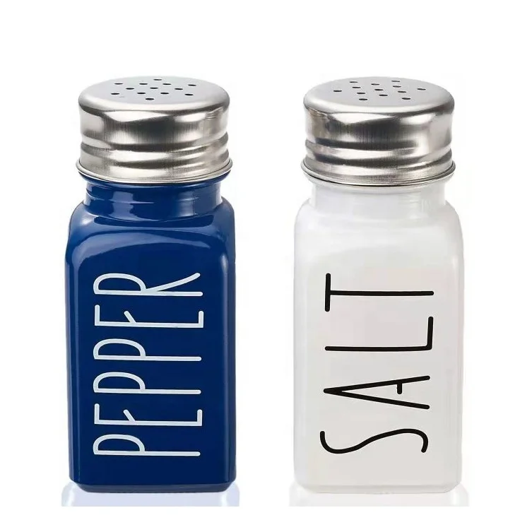 Farmhouse Style Colored Glass Salt and Pepper Shaker Set with Stainless Steel Lids for Home Restaurants
