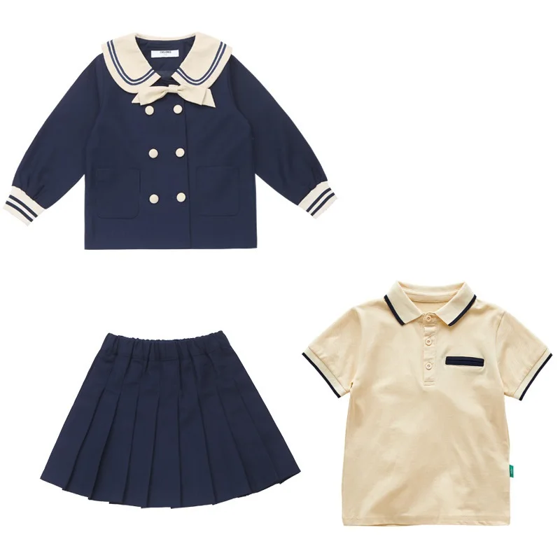 OEM British preppy style kids clothing uniform blazer navy children school suit formal boy and girl student apparel