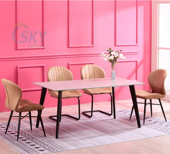 SKY glass top dining table brown chair modern simple 4 6 seater Dining Table Set