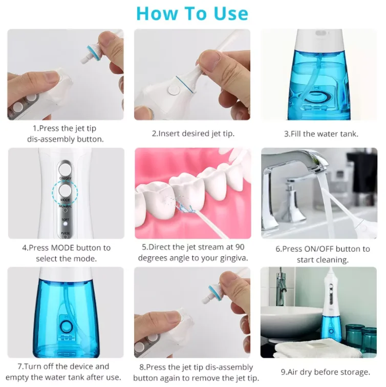 2021  factory price Oral flusher USB Rechargeable Water Floss Portable Dental Cordless Water Flosser  jet 300Ml  with 5 modes