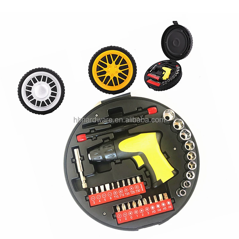 33 Piece Gift Promotion Race Car Tire Tyre Shape Case Hand Tool Set Pliers Screwdriver Bit Socket Emergency Decoration Tool Kit