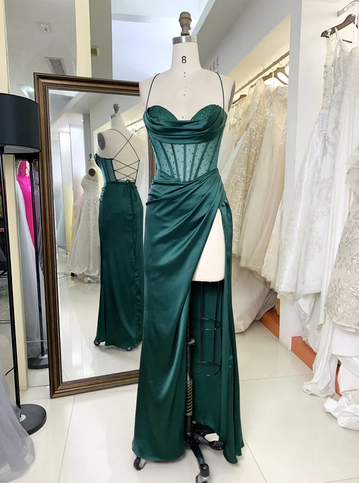 Hand pleated Hot pink Soft Drapes Square Neckline Corset Bodice Lace Up Back High Slit Rhinestones Bodice fitted Prom Dress